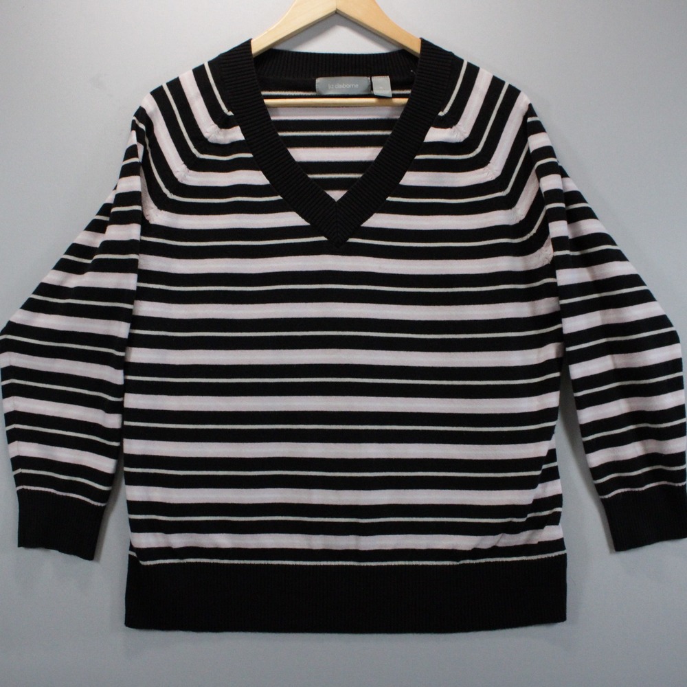 Liz Claiborne Womens XL V-Neck Sweater Black Pink Striped Cotton Long Sleeve